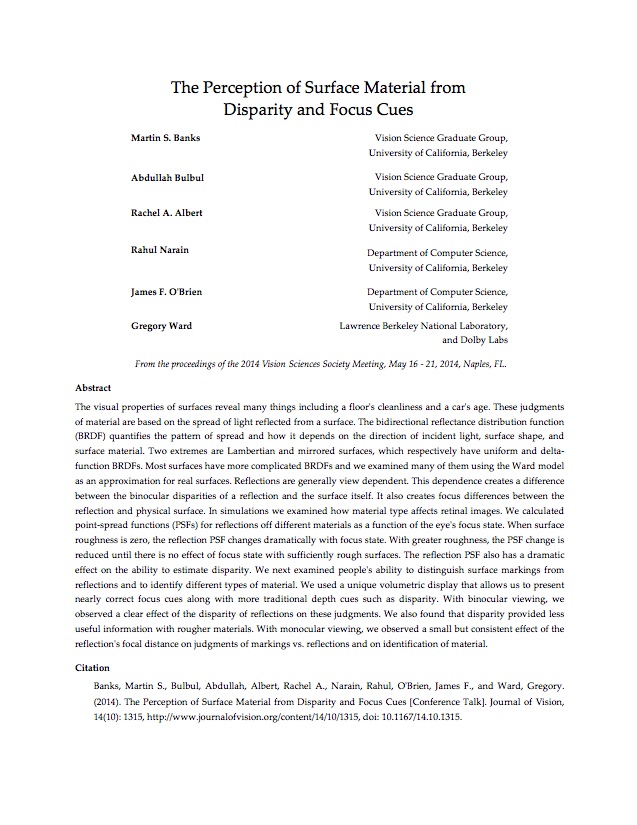 The Perception of Surface Material from Disparity and Focus Cues thumbnail
